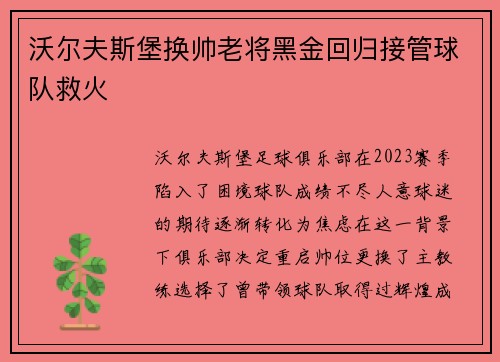 沃尔夫斯堡换帅老将黑金回归接管球队救火